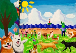 「犬の幼稚園は今日もにぎやかだ　犬たちは今日も元気だ」是廣 百香